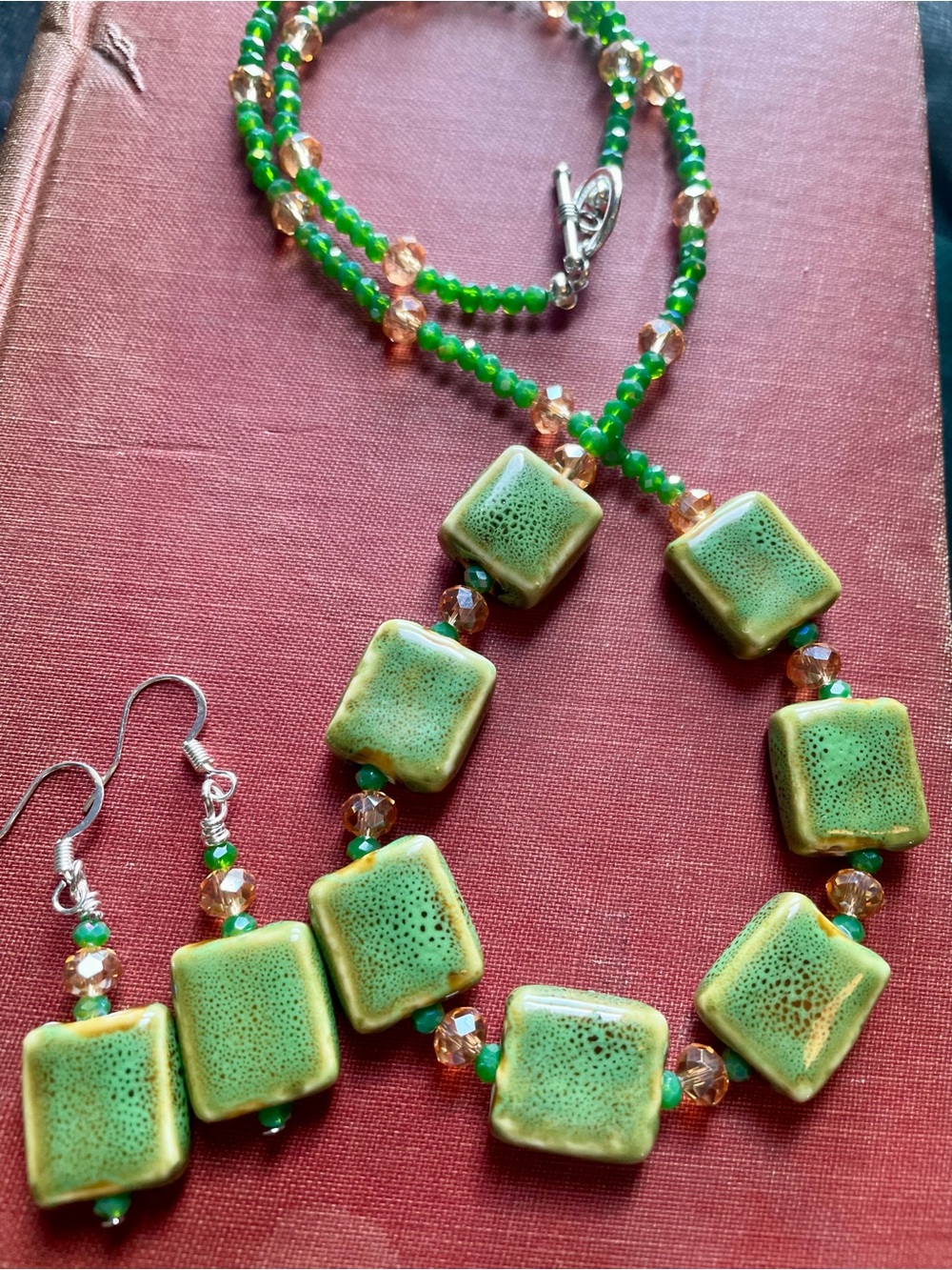 Green Ceramic Tile Necklace with Amber Accent Beads